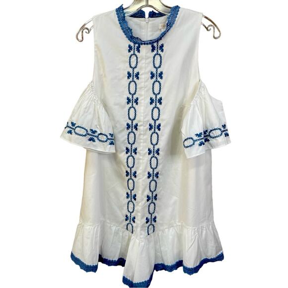 foxiedox Pants - Foxiedox Embroidered Romper White Blue Cold Shoulder Cotton NEW Size Large